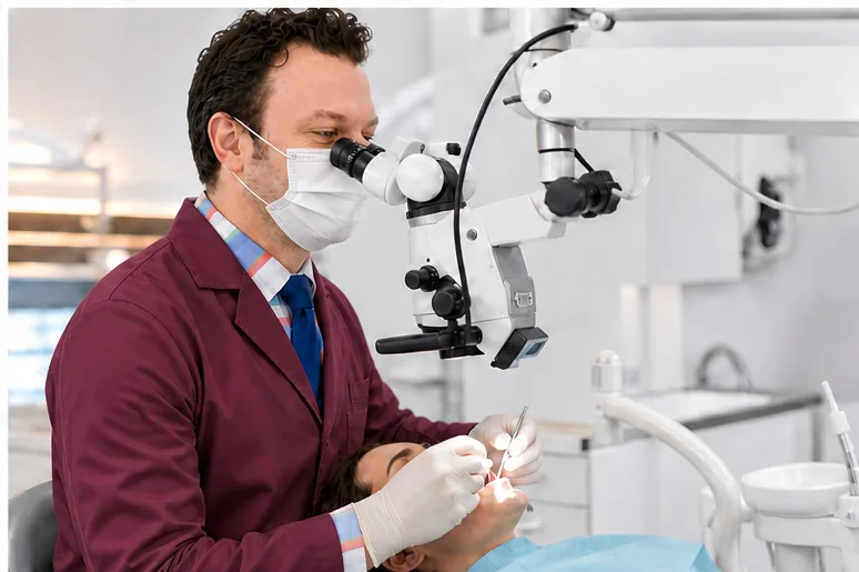 Dr. Rodrigo em atendimento com microscópio no consultório